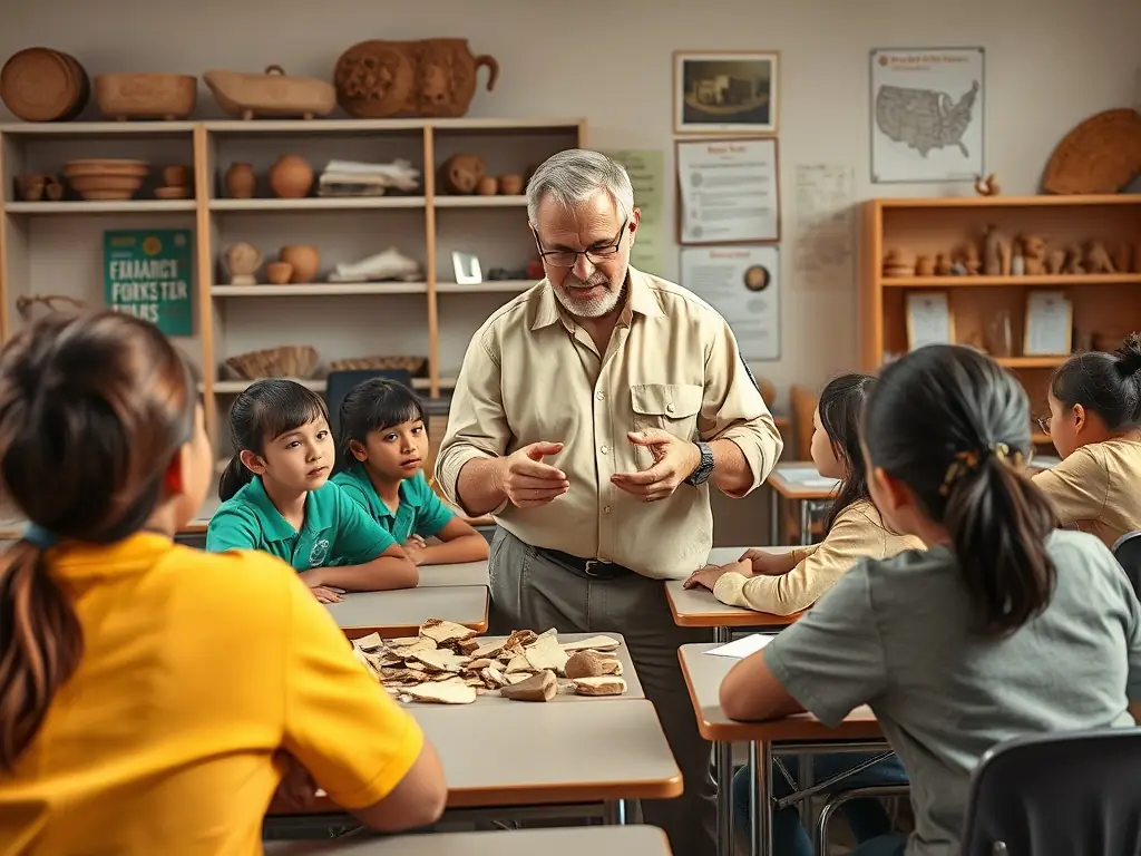 A classroom setting where an archaeologist is teaching a group of students about ancient pottery shards. The image highlights the educational aspect of understanding historical artifacts.