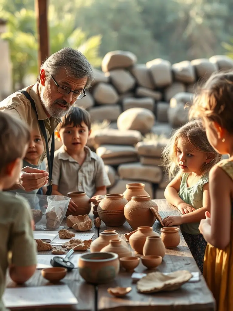 A classroom setting where an archaeologist is teaching children about ancient pottery and artifacts, fostering an interest in local history.