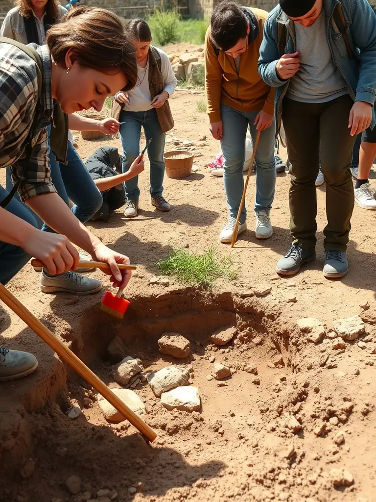 A group of volunteers participating in an archaeological dig, carefully sifting through soil and uncovering artifacts at a historical site in Limousin.