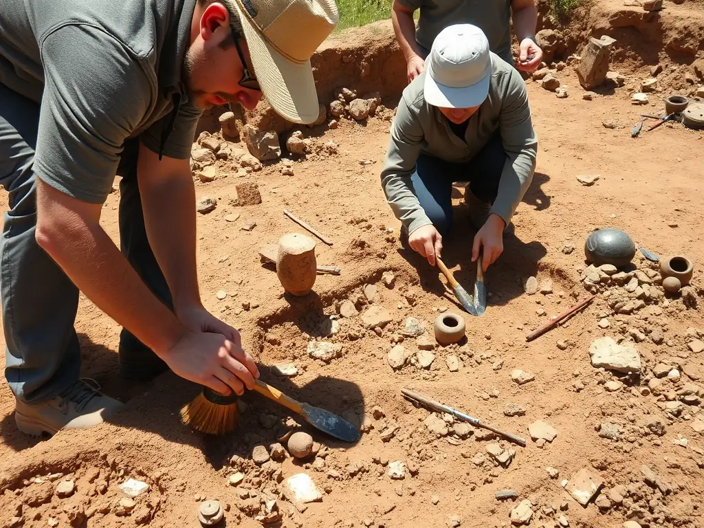 A group of volunteers carefully excavating a site in Limousin, France, under the supervision of an archaeologist. The scene captures the meticulous work involved in unearthing historical artifacts.
