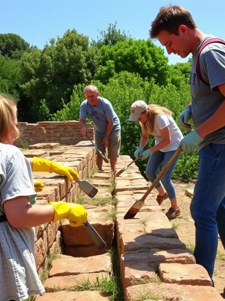 A picture of volunteers working on the restoration of ancient pottery shards, piecing together fragments of history.