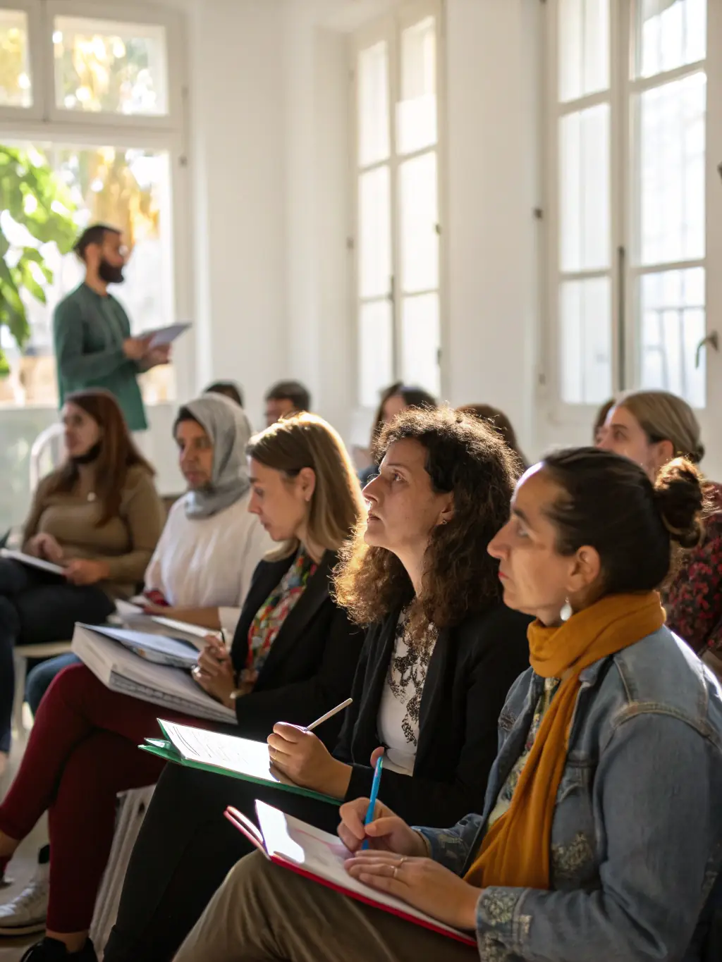 A photo of a public lecture on recent archaeological discoveries in the Limousin region, with attendees actively listening and taking notes.
