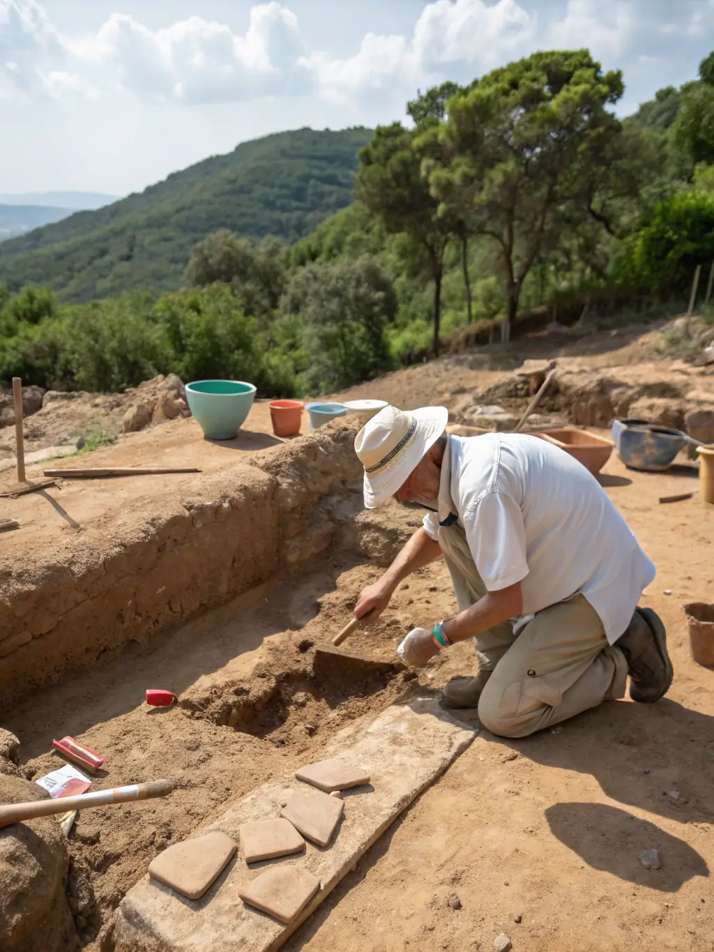 A photograph of archaeologists carefully excavating a Roman-era site in Limousin, France, focusing on the delicate process of uncovering artifacts.