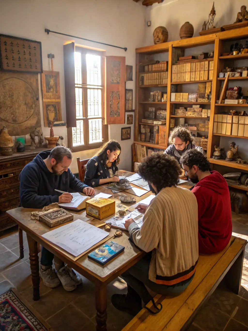 A group of students participating in an archaeological workshop, learning about artifact identification and preservation techniques.