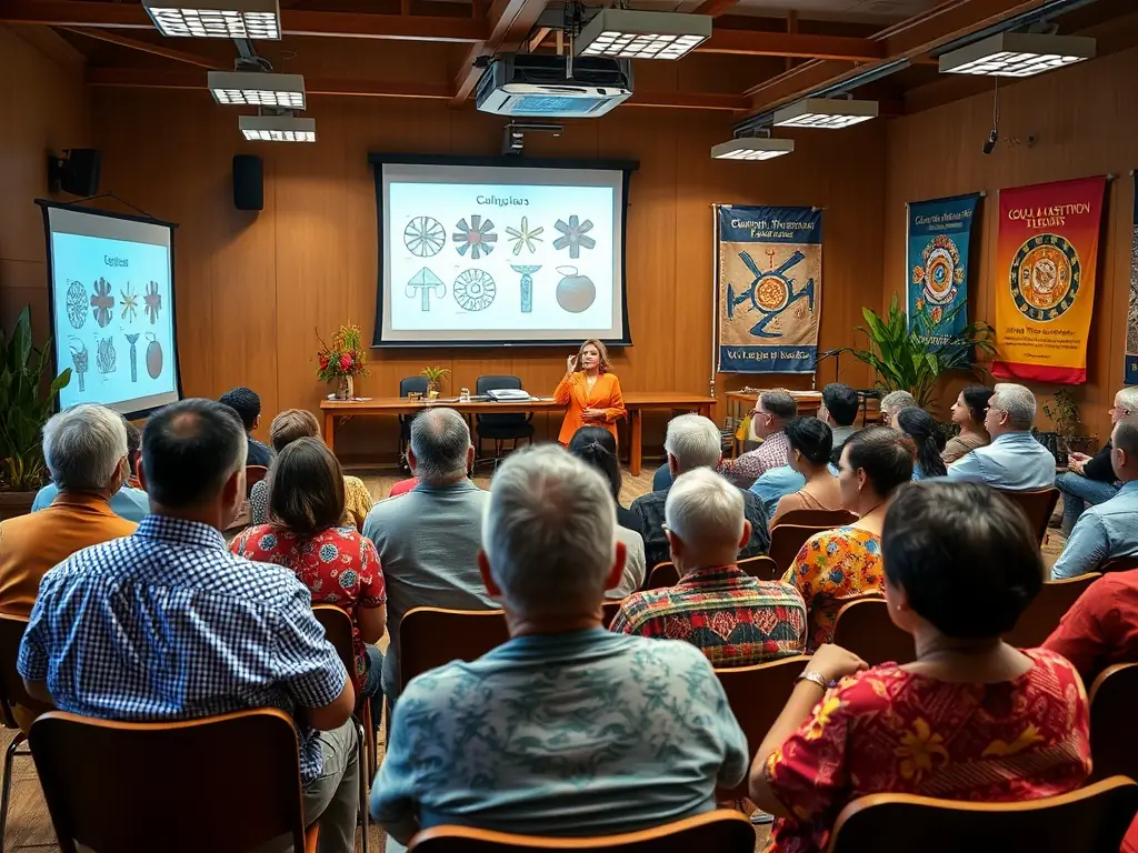 A photograph of a public lecture in a community hall, where an archaeologist is presenting findings from a recent excavation. The audience is diverse, reflecting community engagement.